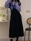 French Vintage Knitting Midi Dress Women Black Loose V-neck Long Sleeve Dress Elegant Office Lady Turn-down Collar