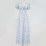 Print Puff Short Sleeve Women Dress High Split Party Long Dresses Elegant Lace Up Sweet Summer Club Sexy