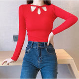 Winter Hollow Out Sexy Solid Sweater Ladies Elegant Fashion Slim Bottoming Knitting Pullover Tops Women Casual