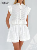 White Shorts Suit Woman 2022 Summer Short Sleeve Ruffle Jacquard Top Vacation Wide Leg Shorts Sets Women 2 Pieces