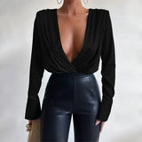 Spring Autumn Women Deep V-neck Patchwork Bodysuit Sexy Elegant Ladies Long Sleeve Skinny Blouse Jumpsuit Overalls
