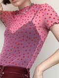 Mesh Heart Turtleneck T Shirts Tops Women Transparent 2023 See Through White Black Elastic Skinny Crop Tops Stretchy