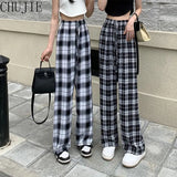 Plaid Pants Women Korean Fashion Black White Checked Trousers For Female Fall 2022 Wide Leg