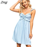 Blue Short Tie Frill A-Shape Mini Dress For Woman Sexy Spaghetti Straps Beach Holiday Dress 2023 Summer Sundress