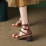 Back Zipper High Heel Sandals Women 2025 Summer New Word-Type Buckle With Retro Texture