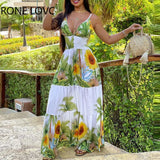 Women Elegant Spaghetti Straps Deep V Neck Floral Pattern Folds Maxi Party Sexy Vacation