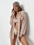 Bikini Cover-ups Solid Camel Pocket Button Front Open Shirt Dress Women Summer Clothes Beach Wear Swim Suit Cover Up