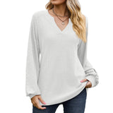 Zingj Autumn / Winter New V Collar Waffge Pure Color Long-Sleeved Loose T-Shirt Jacket Female-Outfit