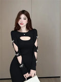 Girl O-Neck Long-sleeved Dress Women's Autumn/Winter Hollow Out Slim Fit Sexy Wrapped Hip Knitted Dress Female