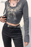 Grunge Retro Fashion Heart Printed Autumn T-shirts for Women Crop Top Dark Academia Gothic Clothes Aesthetic T