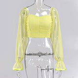 Polka Dot Blouse Women Mesh Shirts Pink Tops Sweet Neckline Lantern Sleeve Ruched Blouse White Blusas Vintage