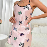 Fashion Lady Ice Silk Slip Dress Soft Skin-Friendly Home Pajamas Butterfly Print