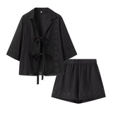Summer New Fashion Collar Long-Sleeved Shirt + High Waist Hollow Shorts Women