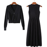 new spring and autumn long-sleeved v-neck top two-piece suit sweater dress wild loose knit cardigan