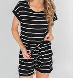 2020 Summer Fashion O Neck Hollow Out Women's Jumpsuit Casual Slim Stripe Patchwork Short Sleeve Pocket Ladies