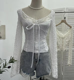 Real Shooting Merard Wind Strapted Bow Splicing Lace Pure Desire Blouse Folding Body Short Blouse