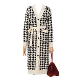 Korean Sweater Set Fashion Vintage Style V-Neck Long Knitted Sweater Coat + Houndstooth Vest Dress Female Two-Piece