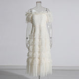 French Elegant Wind And Wood Ear Design Shoulder Dress 2025 Summer New Mesh Wave Dot Long Dress