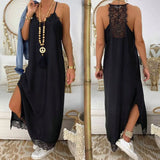 Fashion Casual Solid Lace Patch Work Midi Women's Dress Summer Sexy Spaghetti Straps Deep V Neck Split Dresses