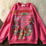 Rose Red Cartoon Letter Print Sweatshirt Vintage Streetwear Fashion Tops 2021 New O-neck Casual Teens Clothes Goth