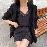 Sets Women 3 Pieces Summer Solid Lace V-neck Top Summer Outfit Empire Clothes Oversize Double Breasted Blazer Korean