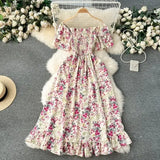 Zingj 2024 New French Vacation One-Line Collar Off-Shoulder Short Sleeve Closed Waist Slim Flower Long Grandiflorum