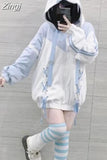 Sudaderas Japanese Preppy Style Loose Zipper Women Bandage Sweatshirts Sweet Harajuku Tops Y2k Blue White