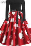 Print Vintage Dress Women Christmas Casual Robe Femme Dress Elegant Party Dresses Long Sleeve