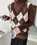 Y2K Knitted Vest Argyle Sweater Vest V Neck Sleeveless Jumper Preppy Style Plaid Knitted Pullover Autumn Winter