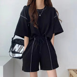 White Ins Fashion Short Set Loose Sports Solid Two-piece Suit Women Summer Fashion Korean Casual Running