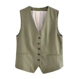 2025 Summer V-Neck Solid Color Single Breasted Vest High Waist Wide-Leg Pants Shorts Set