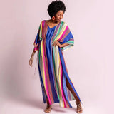 Bohemian Multicolored Striped V-neck Bat Sleeve High Waist Summer Beach Dress Plus Size Women Beachwear Maxi Dress