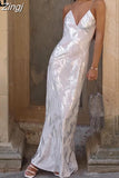 2023 Silver Long Dress Women Sexy Slip Backless Dress Woman Shiny Sleeveless Summer Party Dresses Night Evening