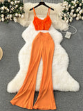 Hotsweet Sexy Sets Strap Sleeveless Lace Tops+High Waist Flare Pants Women Fashion Solid Vacation Style Summer