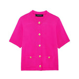 New Small Fragrant Wind Round Neck Bag Decoration Buckle Design Short-Sleeved Knitted Coat