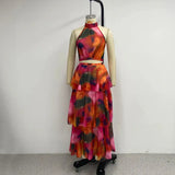 Zingj 2023 New Fashion Print Round Collar Sleeveless Waist Fluffy Cake Skirt Women's Wear-Outfit