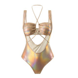 2024 Sexy Empty Drawstring New Laser Bright Face Swimsuit Swimsuit