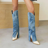 Fashion Denim Knee High Boots Women Wedges High Heel Long Boots Slip On Pointed Toe Autumn Winter Woman Boots Big Size