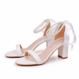 Cm Thick Heeled Light Mouth With Sandals Round Head Beads Tied With High Heel Sandals White Wedding Shoes