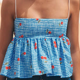 Blue Cherry Plaid Print Peplum Cami Top-Outfit