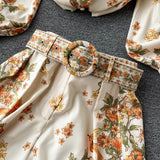 Fashion Spring Runway 2 Piece Sets For Women Turn Down Collar Floral Print Blouse And Shorts Suit Office Lady Outfits