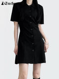 SUCHCUTE Korean Fashion Solid Mini Dress Wome Black Party Dresses Short Sleeve Fairycore Streetwear Gothic Clothes Office