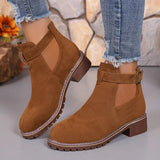 And Winter New Large-Size Women Thick-Bottomed Boots Belt Buckle Decorated Round Head Short Boots