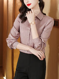 Women Shirts Polo Neck Silk Print Floral Vintage Top Button Up Shirt Satin Long Sleeve Blouse Ladies Tops Female Basic OL