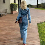 Blue Denim Jumpsuit Women Elegant Long Jumpsuits Woman 2023 Long Sleeve Jean Woman Jumpsuit Straight Leg Summer
