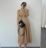 Women Elegant Pleated Shirt Dresses Full Sleeve Slim Double Breasted Sashes Dress Chic Female Office Lady Maxi
