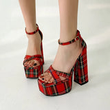 INS Gingham Women Sandals Fashion Platform Square High Heels Sandals Luxury Brand Punk Female Shoes Size