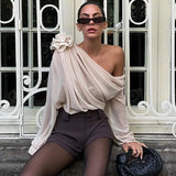 Floral Applique Mesh One Shoulder Long Sleeve Top-Outfit