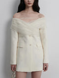 Spring And Autumn New Fashion Sexy One-Word Shoulder Mesh Splicing Design Sense Long Sleeve Small Suit