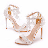 Sandals White Buckle Shoes Fine Heel Roman Sandals White Lace Heel